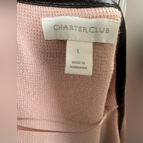 Charter Club Women's L Open Front Cardigan Sweater Faux Leather Trim Pocket Pink - Picture 7 of 9